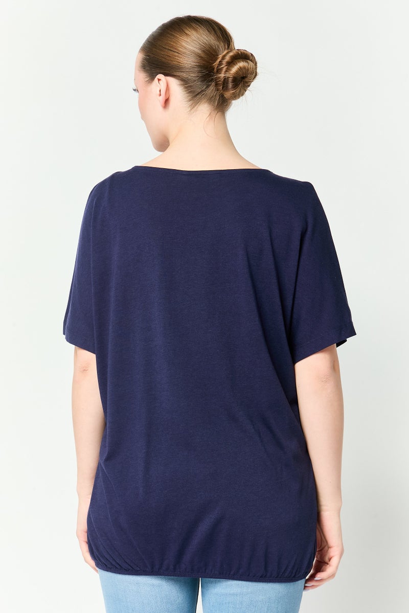 Tchibo Women Round Neck Short Sleeve Plain Top, Navy - Image 4